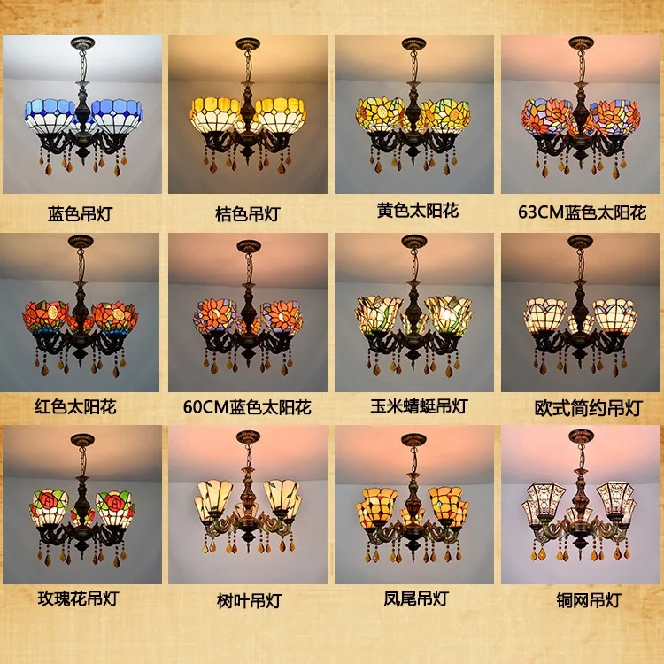 European 5 heads Living room dining bedroom Crystal lamps Tiffany Stained glass Restaurant Pendant Lights 110-240V E27 | Освещение