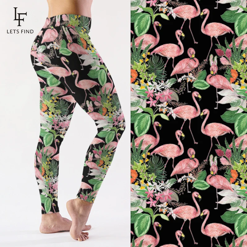 LETSFIND 2019 Fashion Stretch Black Leggings 3D Flamingos Milk Silk Print Fitness Legging Sexy Silm High Waist Women Pants