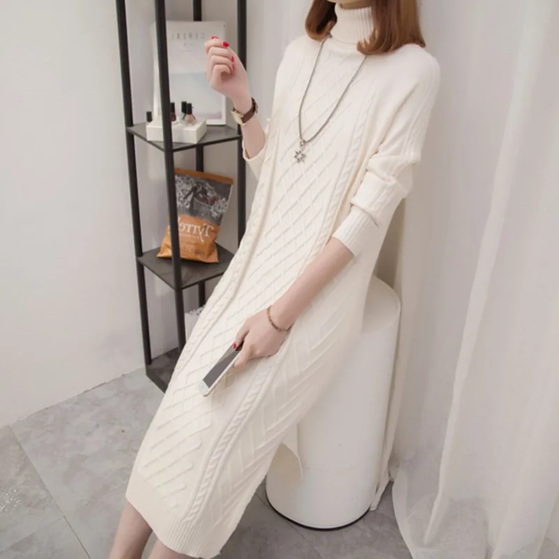 New Fashion Autumn Winter Women Knitting Middle Long Dresses Female Turtleneck Long Sleeve Warm Thick Dresses Pullovers F15 - Цвет: Бежевый