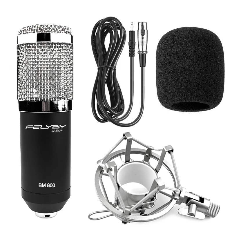 HOT! FELYBY BM 800 Professional Recording Condenser Microphone Set for Computer with Phantom Power and Multi-function Sound Card |