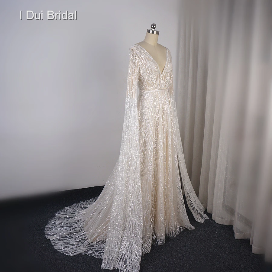 

Sparkle Wedding Dress with Long Sleeve till Floor V Neckline A Line Bridal Gown for Women 2022 Bengalas Boda