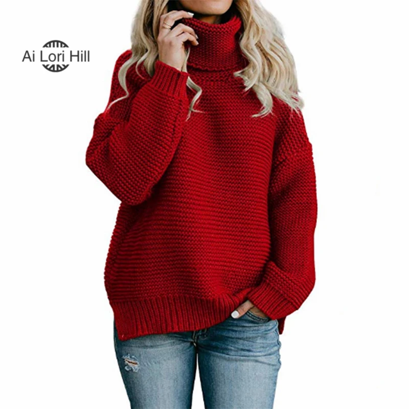 Ai Lori Hill Womens Turtleneck Sweater Knitted Loose Long Sleeve Pullover With Slit Winter Warm Thick Jacket Jumper Oversized | Женская