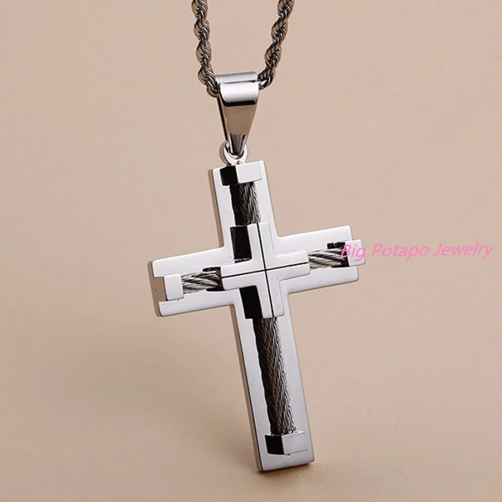 New Design Vintage Bold Large Layered Statement Cross Pendant Necklace For Men Stainless Steel 24&quot Box Chain |