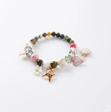 Bohemian style small fresh flower powder crystal stone fawn pearl crown creative beaded bracelet | Украшения и аксессуары