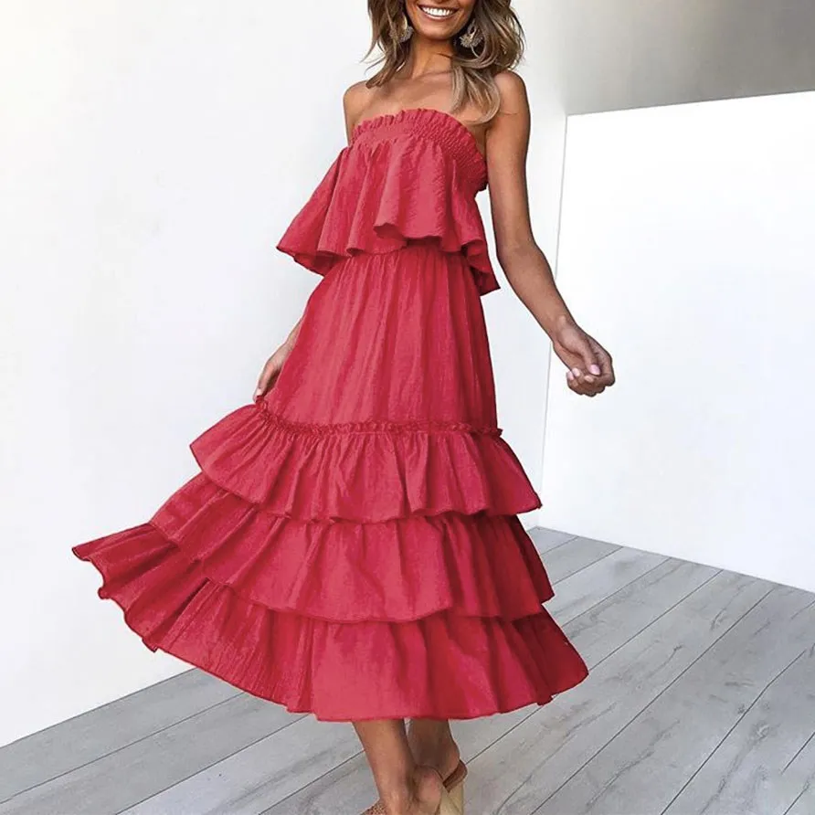 Summer Boho Women Crop Top Sleeveless Pleated Two Pieces Skirt Set Female Ruffled Cake | Женская одежда