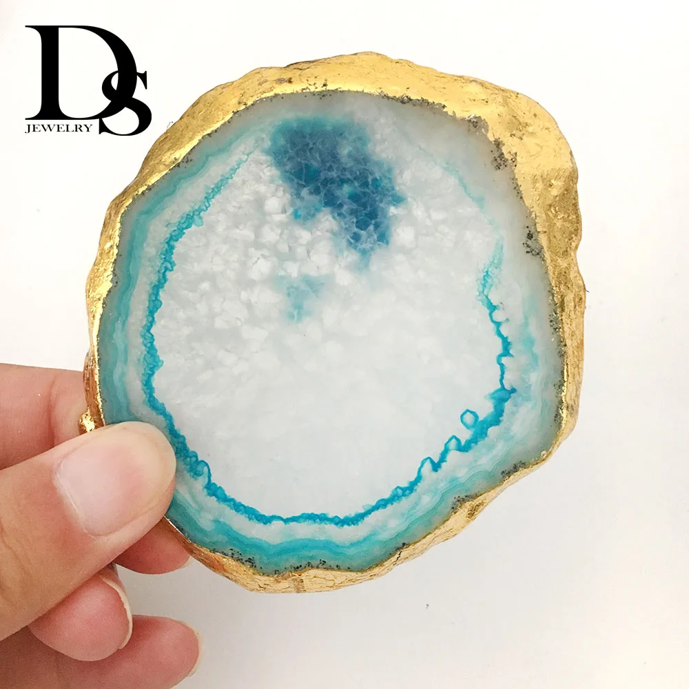 blue Натуральный агат фрагмент жеоды адиабатическая чашка коврик Золотая Хрустальная пластина нефритовый Сердолик Coaster гальваническое покрытие золотой край украшения стола - Цвет: blue