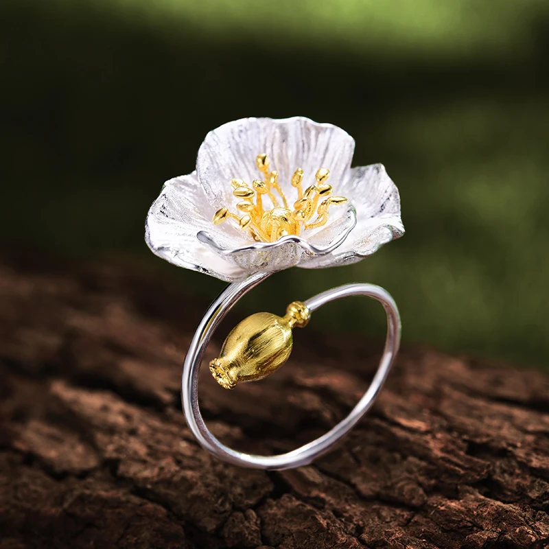 Lotus Fun реальные 925 пробы серебро ручной работы Fine Jewelry цветущие Маки цветок комплект ювелирных изделий для Для женщин