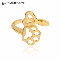 qihe jewelry paw cat dog pet foot print heart charm adjustable open ring animal dog jewelry for women