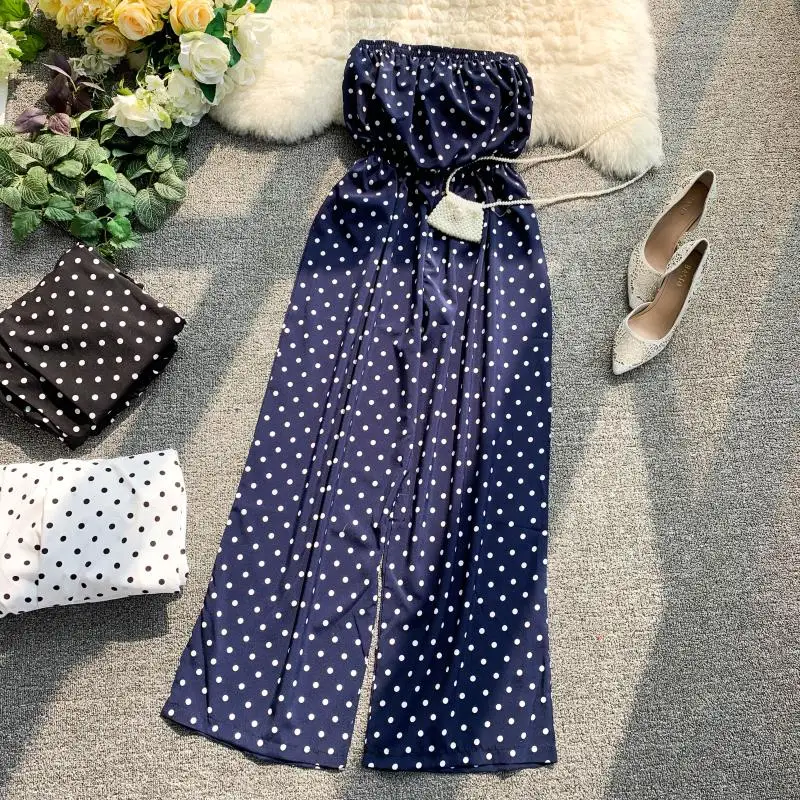 Женский пляжный комбинезон ALPHALMODA без бретелек в горошек с широкими штанинами