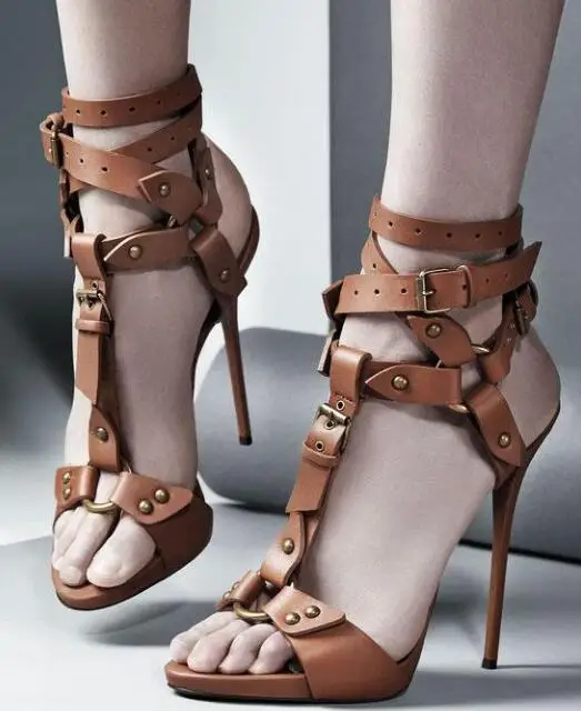

Moraima Snc Rivets Straps Wraps Open Toe Stiletto High Heels Sandals Summer Sexy Cutouts Thin Heels Shoes Woman Gladiator Sandal