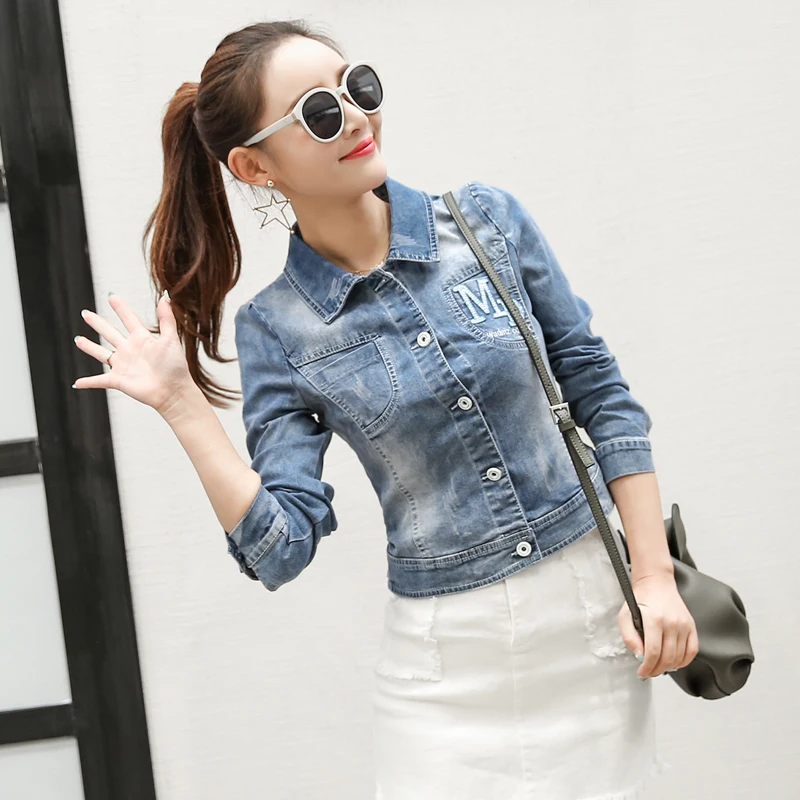 Осень 2017 г. Вышивка джинсовая куртка для Для женщин с длинным рукавом синий