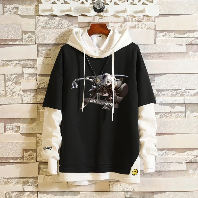 

Anime NieR:Automata YoRHa No. 2 Type B Fake Two-Pieces Hoodie Pullover Hooded Sweatshirt Contrast Sleeve Hip-Hop Streetwear Coat