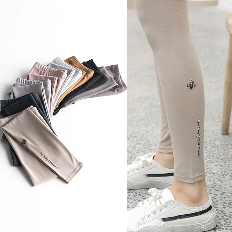 Женские леггинсы с вышивкой пчелы повседневные хлопковые эластичные высокой