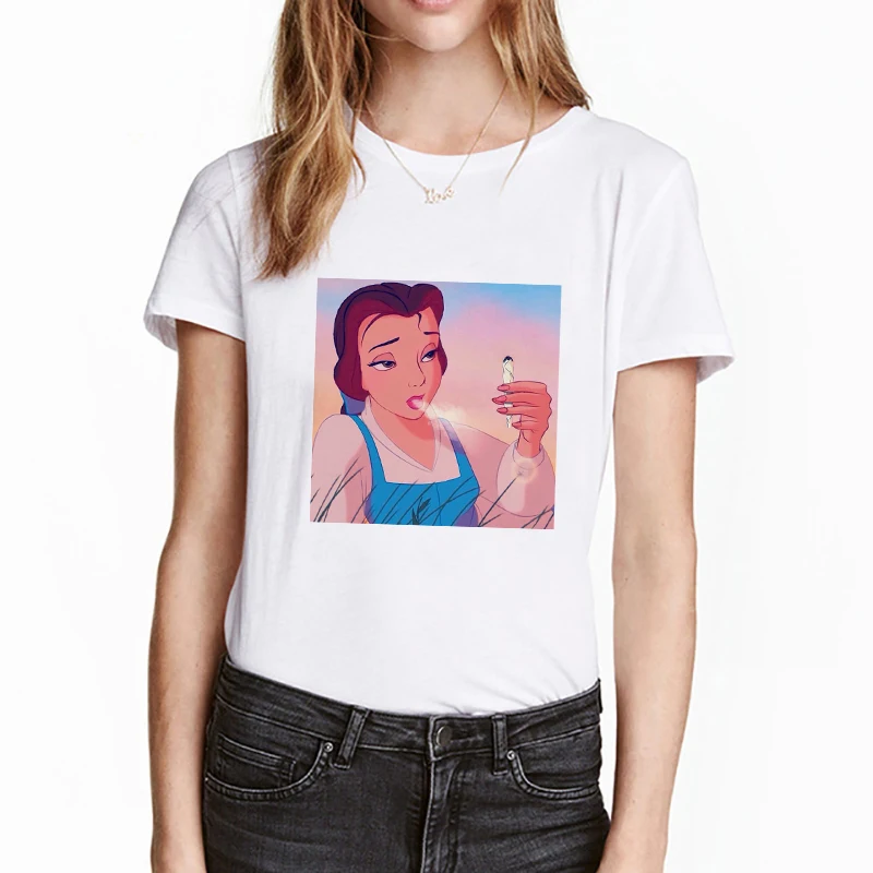 T shirt Women Funny Ladies Harajuku style Smoking Belle O-Neck Punk Spoof T-Shirt Print Casual Short Sleeve Tshirt Tops | Женская одежда