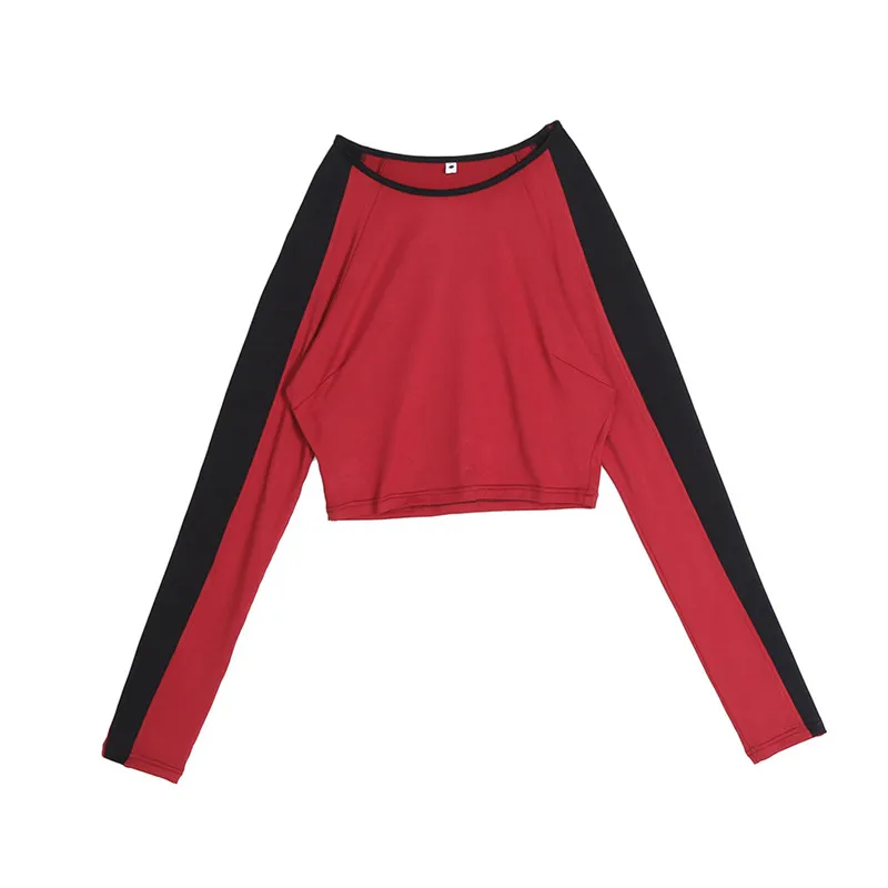 Autumn Spring Cut Out Women Ribbed Cropped Tee O Neck Full Sleeve Waist Hollow Solid Red T Shirt Tops | Спорт и развлечения