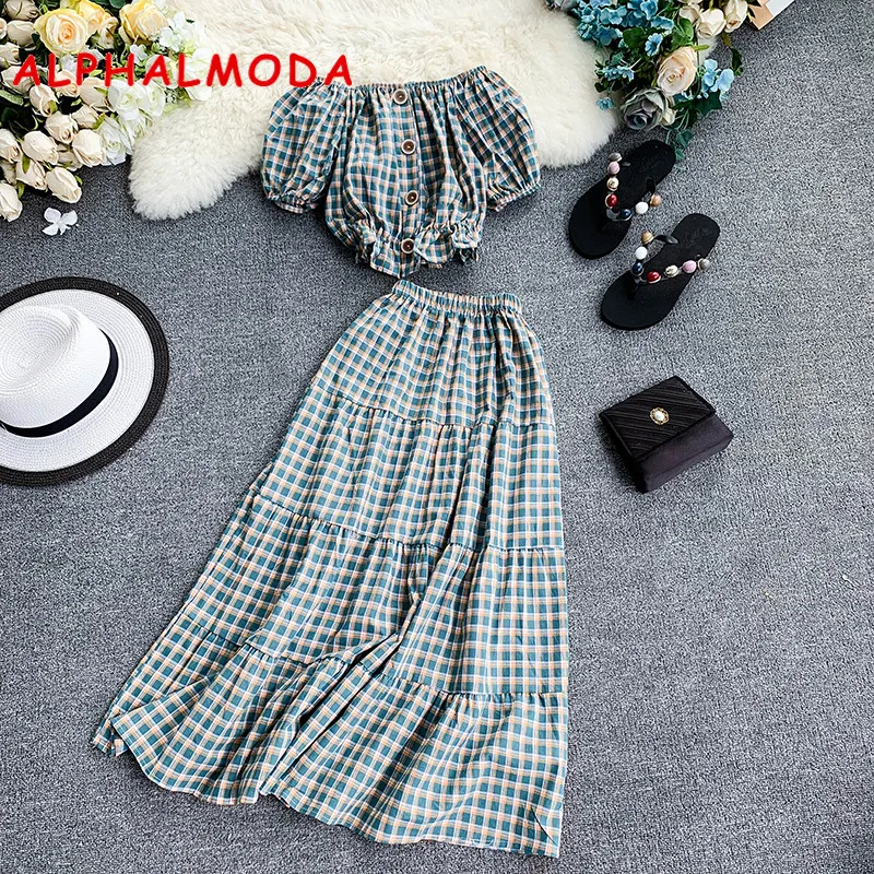 ALPHALMODA/модные комплекты юбок пуловеры однобортный укороченный топ + эластичная