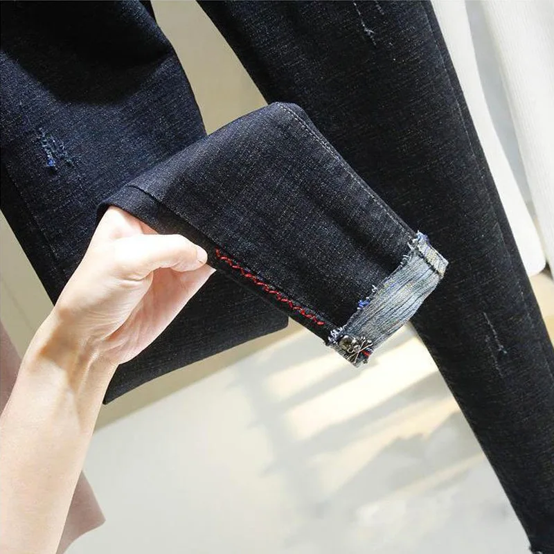 Модные кашемировые зимние теплые джинсы женские с высокой талией черные и синие