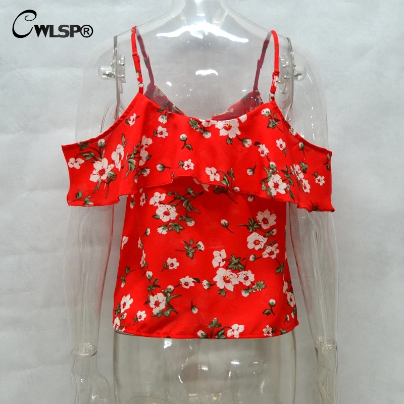 

CWLSP 2021 Women Chiffon Blouse Red Floral Print Crop Top Ruffles Sleeve Blusas Off Shoulder womens blouses QL2953