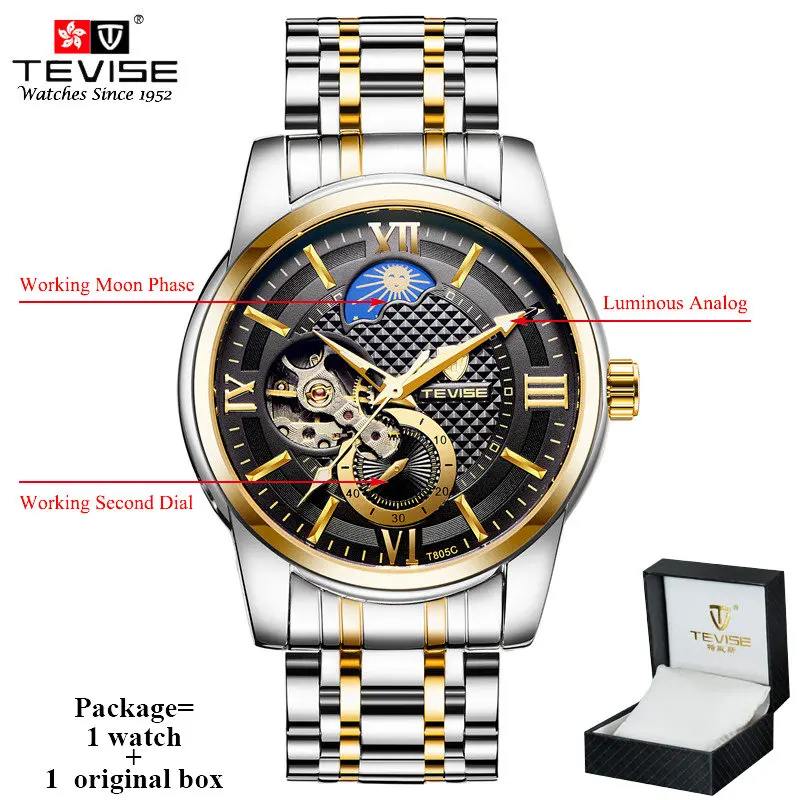gold black with box TEVISE самовзводные автоматические часы для мужчин механические мужские часы с фазой Луны светящиеся руки деловые наручные часы Relogio Masculino - Цвет: gold black with box