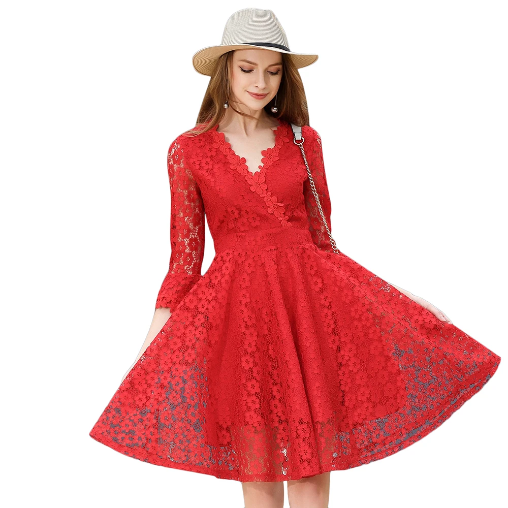 Фото 2018 Red Summer Lace Dress Women Hollow Out Flare Sleeve Vestido de Festa Ladies V-Neck Sexy Dresses High Waist Robes Mujer N618 Женская 2018 Red Summer Lace Dress Women Hollow Out Flare Sleeve Vestido de Festa Ladies V-Neck Sexy Dresses High Waist Robes Mujer N618 Женская