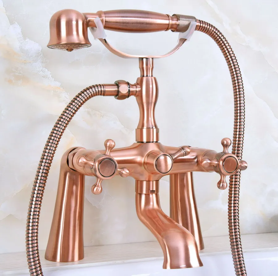 

Antique Red Copper Brass Dual Cross Handles Deck Mounted ClawFoot Bath Tub Faucet Mixer Tap With Hand Shower Spray mna159