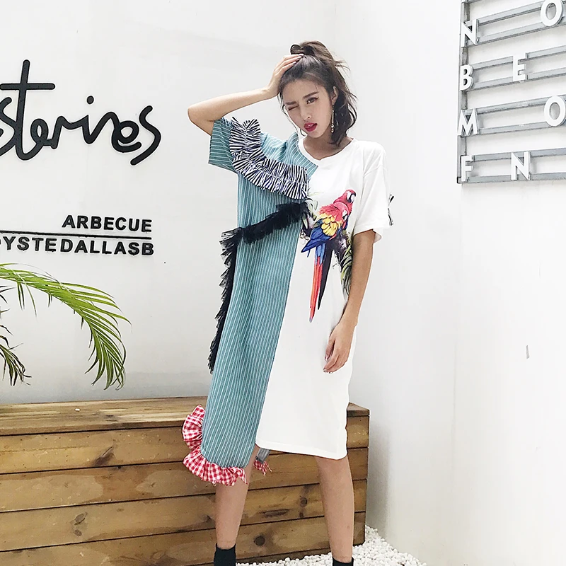 Лето Асимметричный в полоску платье В лоскутном стиле для Для женщин пикантные