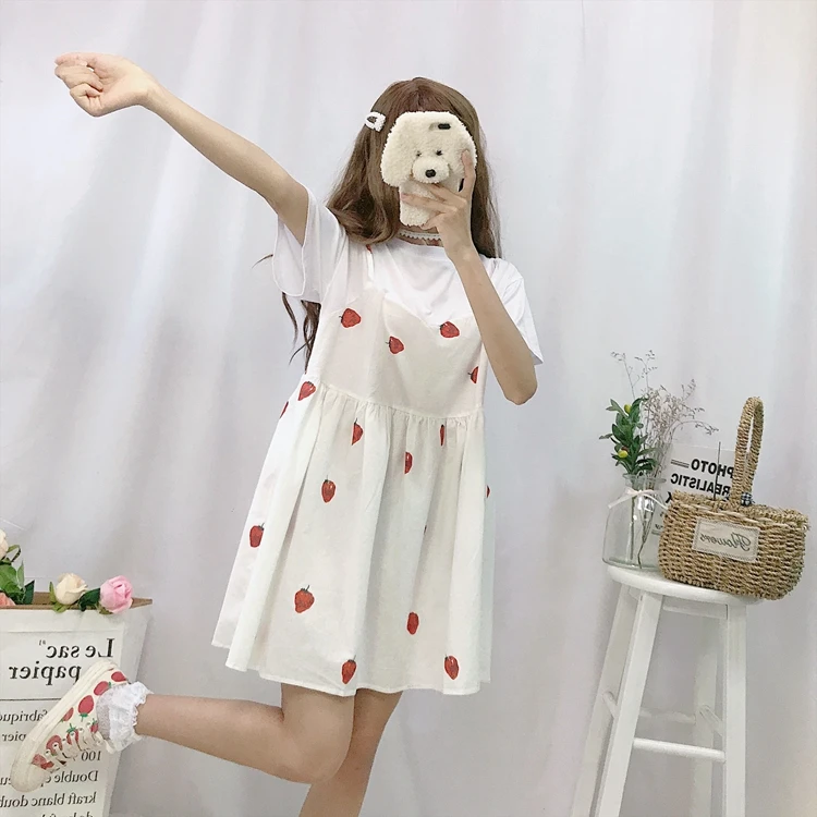 Милое милое платье с принтом клубники и высокой талией женские милые платья Kawaii шикарные женские милые Harajuku одежда в стиле панк для женщин