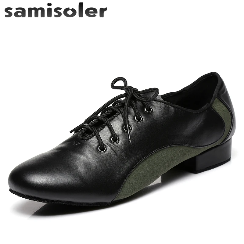 Samisoler Black W Men's Black leather ballroom dance shoes Flats Modern dance shoes Tango Party Wedding Square dance shoes