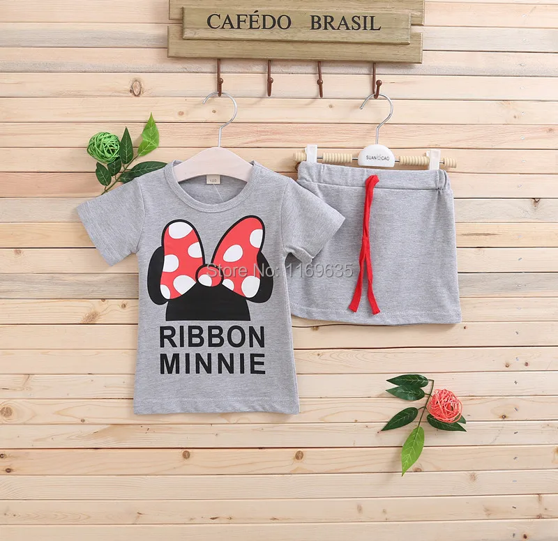 children's sets retail new 2014 child clothing Set autumn spring girl suit Minnie short sleeve T-shirt + shorts | Мать и ребенок