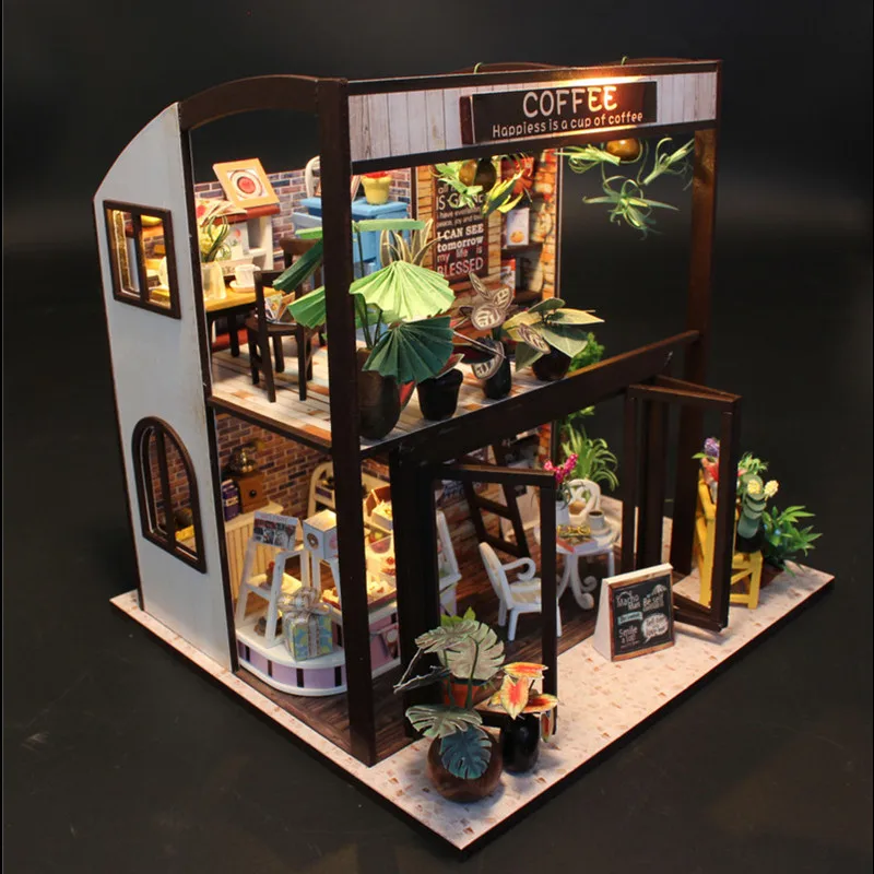 Hoomeda M027 Coffee House DIY Dollhouse With Music Motor Cover Light Miniature Model Toy Gift | Игрушки и хобби