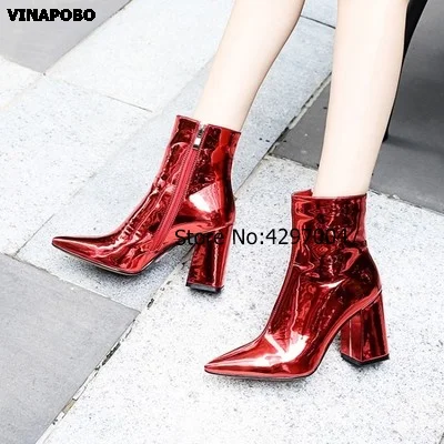 

Vinapobo Sliver Gold Women Ankle Boots Pointed Toe Chunky High Heel Boots Mirror Metallic Women Pumps Female Sexy thick Boots