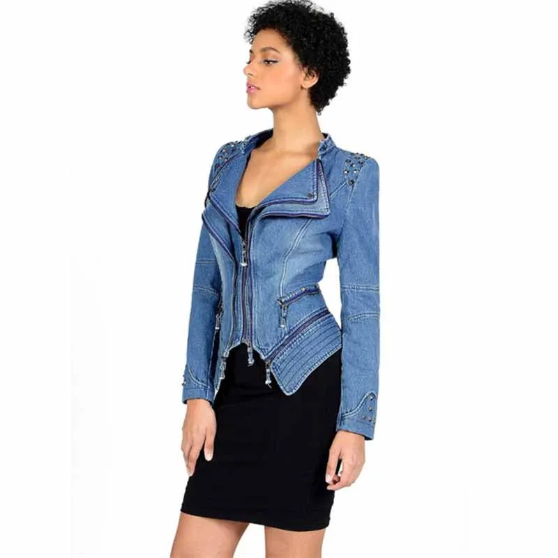 Женская джинсовая куртка на молнии с заклепками облегающая мотоциклетная