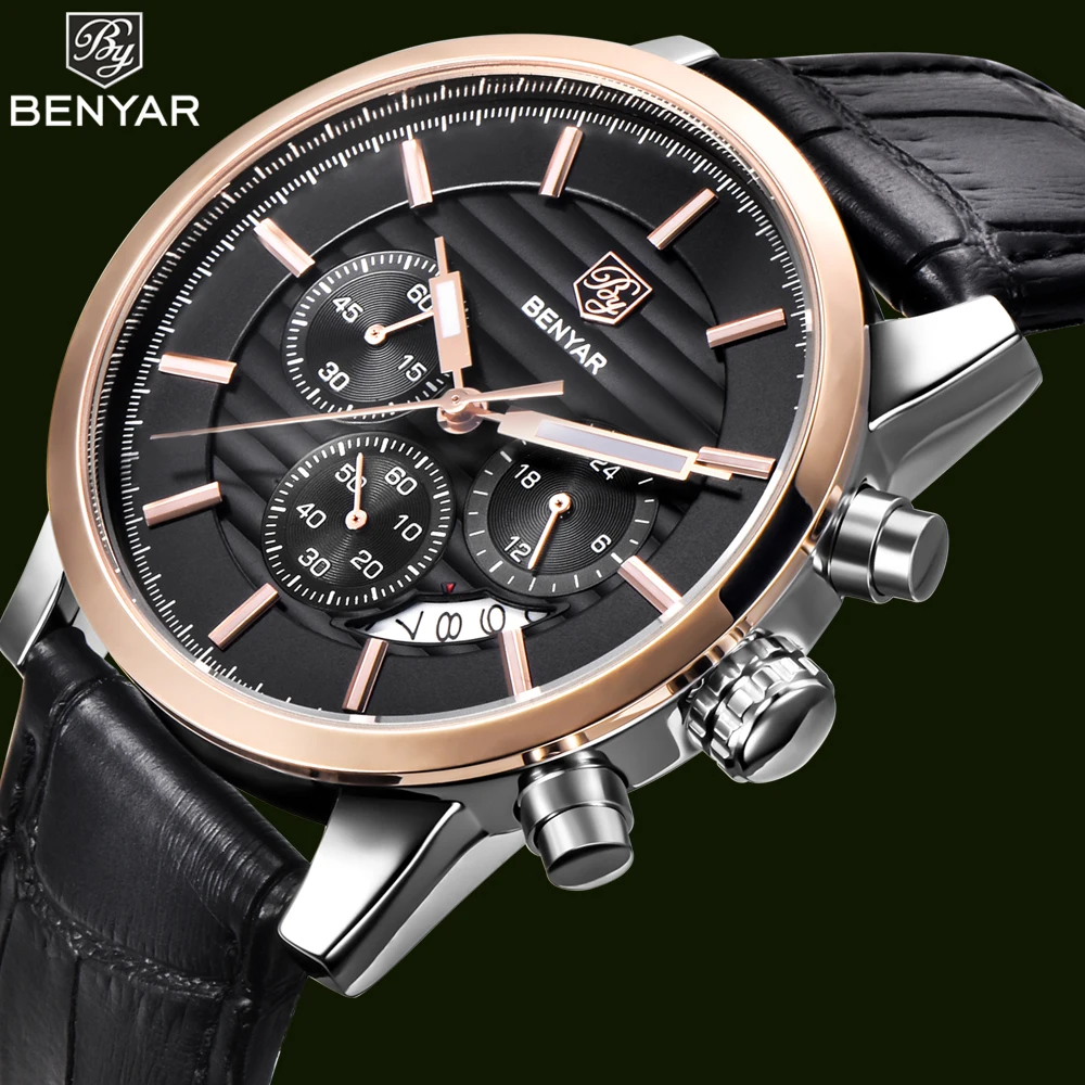 BENYAR Reloj модные военные кварцевые мужские часы с большим циферблатом кожаный