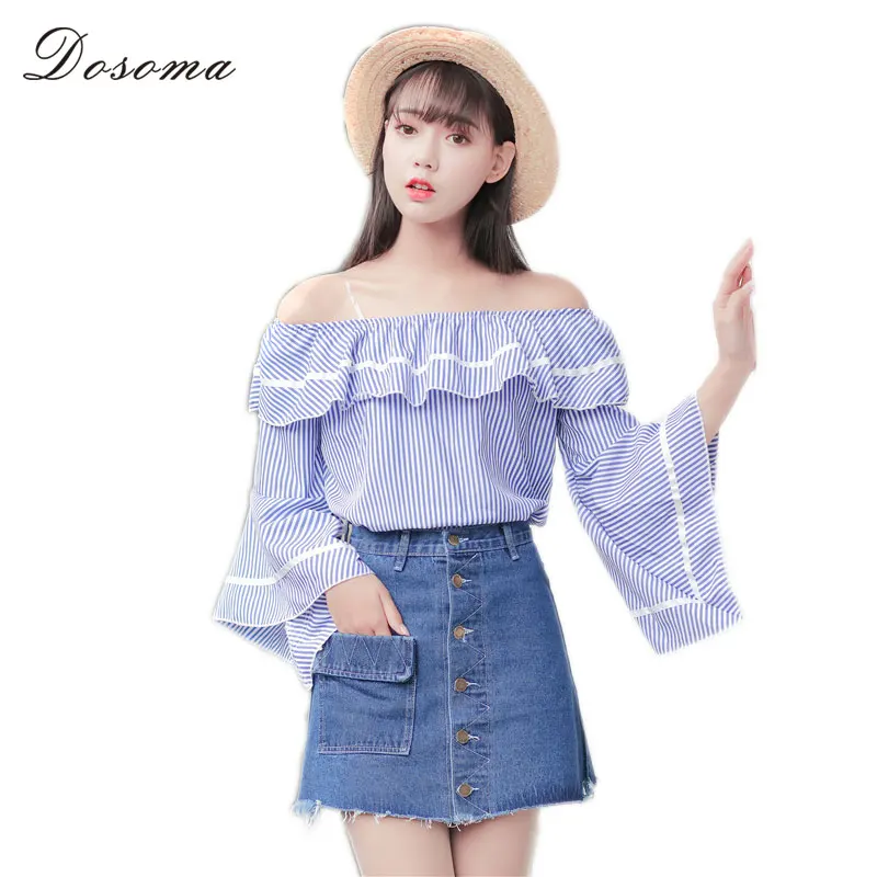 DOSOMA Женские Летние Топы Девушки Свободные Повседневная С Плеча Slash Шеи Полосатый