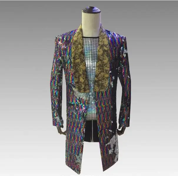 

Разноцветная блестящая тонкая мужская куртка с блестками для ночного клуба, для ведущего мага, для шоу, наряд DJ, Мужская певица, пальто, для д...
