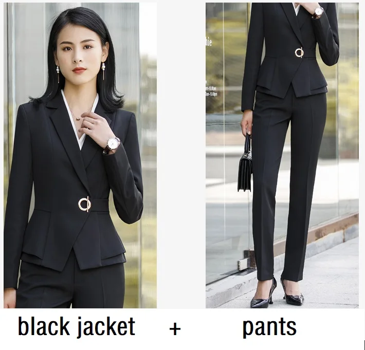 black jacket pants Женские костюмы, приталенная весенняя куртка с оборками и длинными рукавами, штаны, комплект из 2 предметов, OL, Деловые женские брючные костюмы, женский комплект, костюмы 1882 - Цвет: black jacket pants