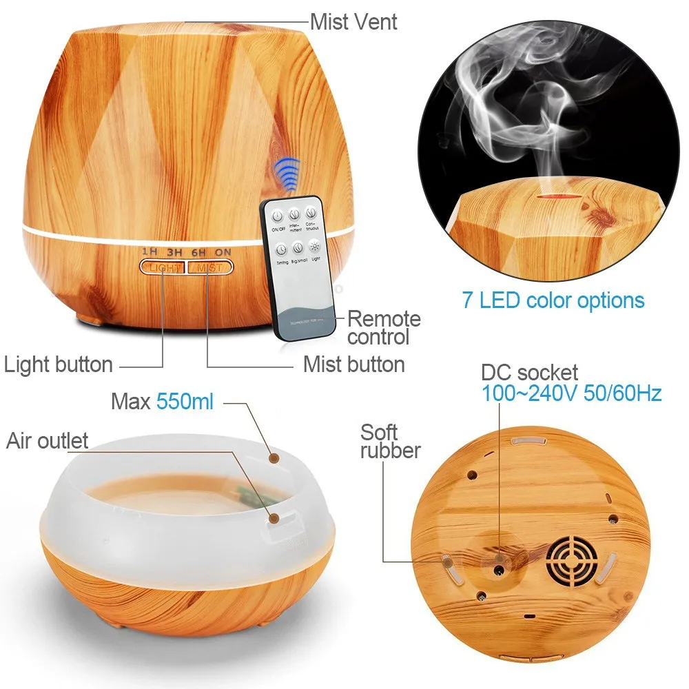 550ml Ultrasonic Air Humidifier Wood Grain Remote Control Aroma Essential Oil Diffuser with 7 Color LED Light for Home Office | Бытовая