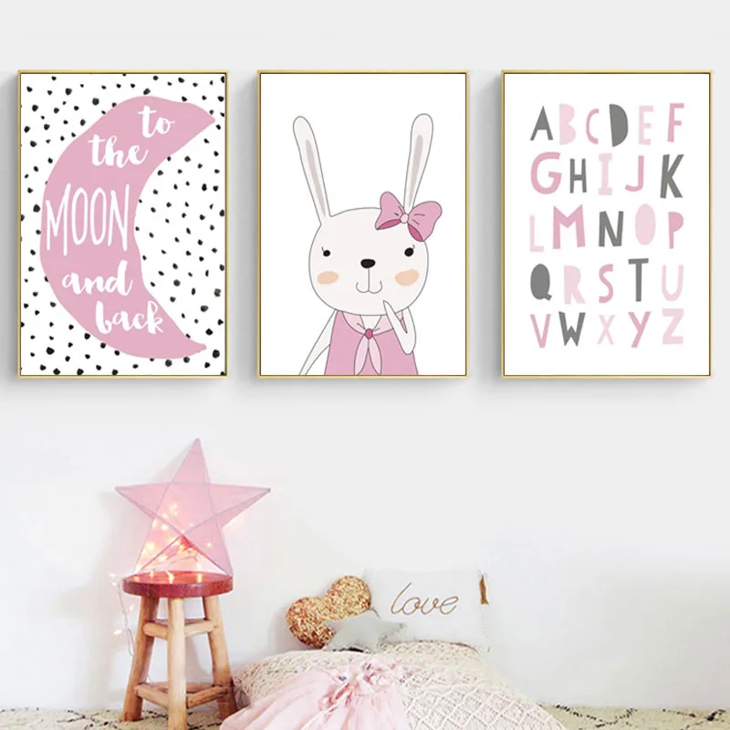 

Cartoon To The Moon and Back Canvas Art Posters Nursery Prints Wall Picture Alphabet Bunny Painting Girls Bedroom Decoration