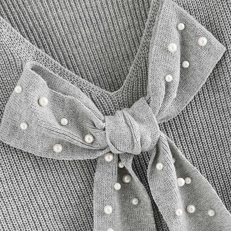 Dotfashion серый жемчужный вышитый бисером свитер с бантом спереди для женщин, Повседневная осенняя одежда, свитера, мода, женские пуловеры, джемпер