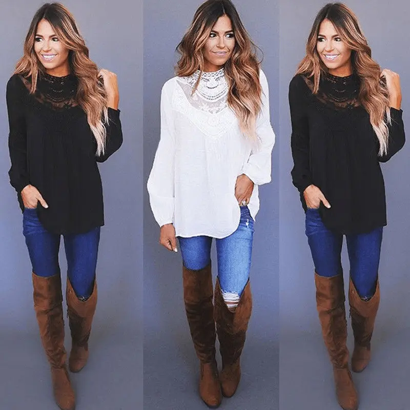 2018 Женская Повседневная кружевная блузка с длинным рукавом женские рубашки