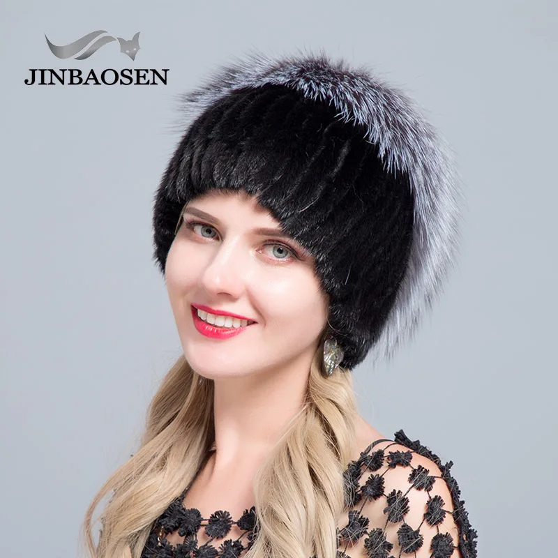 COLOR2 JINBAOSEN, горячая Распродажа, русская меховая шапка, выдра с лисой, комбинированная с мехом, модная шапка, вязаная шерстяная подкладка, зимняя женская меховая Лыжная шапка - Цвет: COLOR2