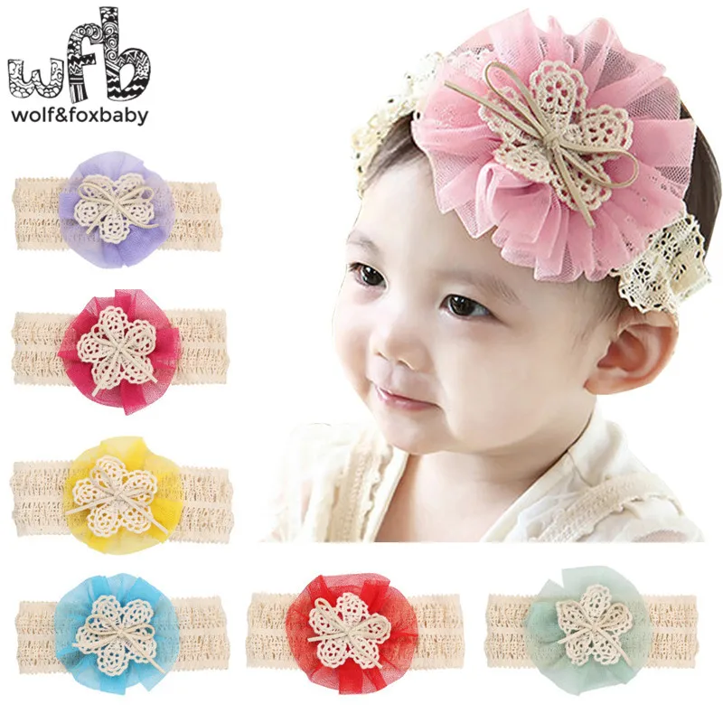 

Retail headband Lace bowknot flower elastic force fashion hair accessories baby infant Kids children