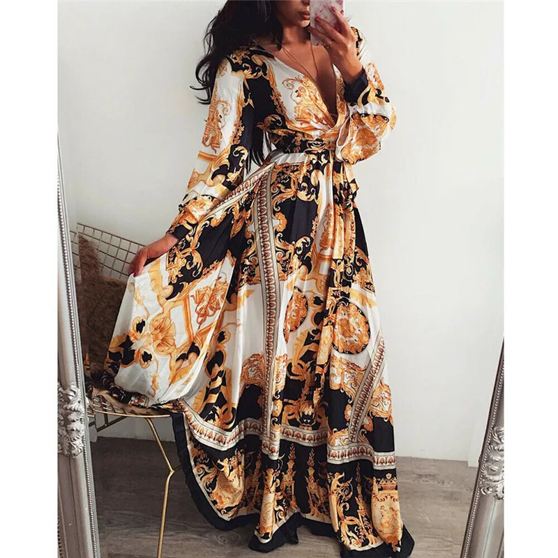 

2019 Summer Women Floral V Neck Long Sleeve Dress Casual Party Vintage Dress