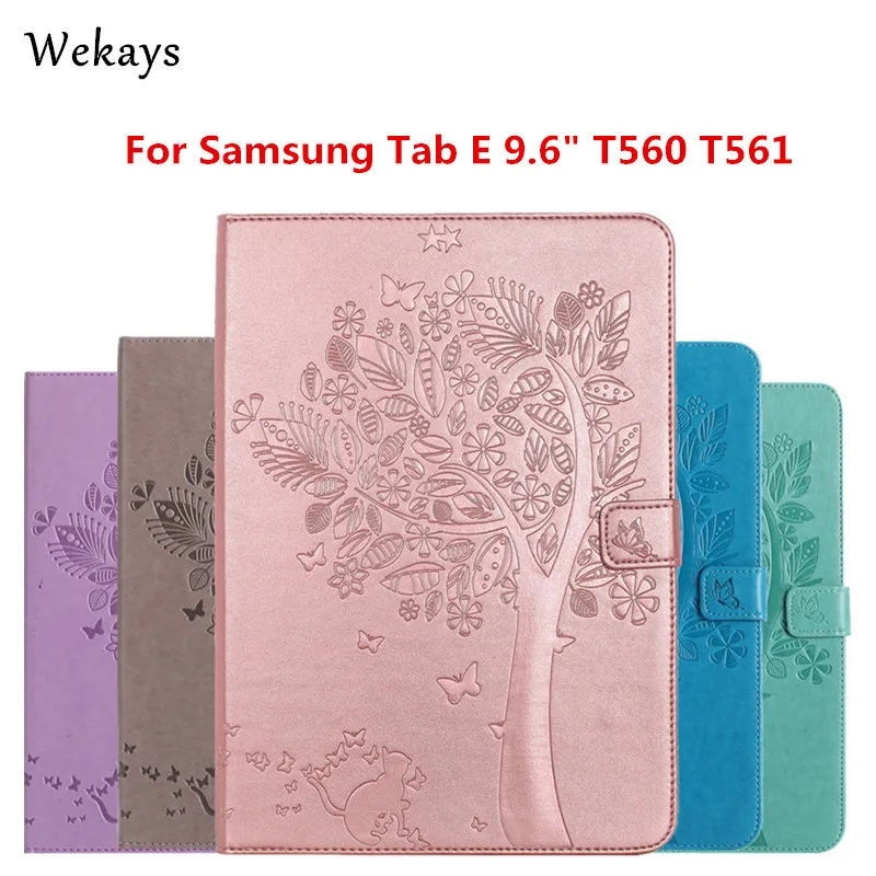 

Wekays For Samsung Galaxy Tab E 9.6" T560 T561 Case Luxury Cartoon Cat and Tree Leather Flip Case Stand Full Cover Capa Funda