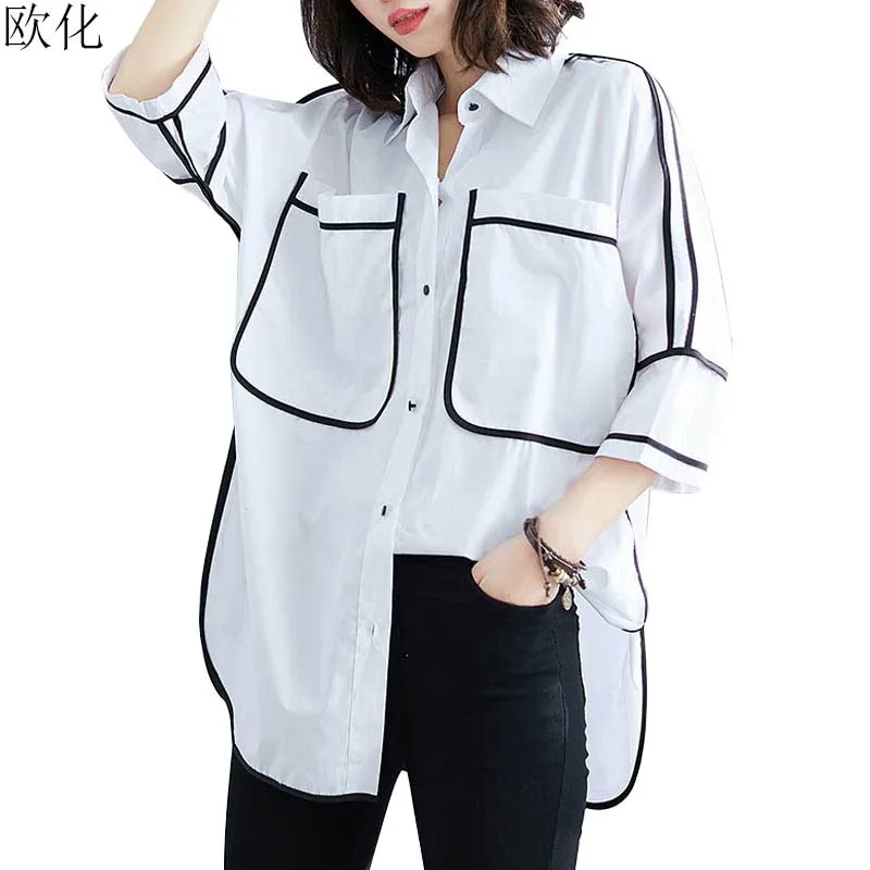 Блузка женская винтажная свободного покроя белая рубашка в Корейском стиле топ