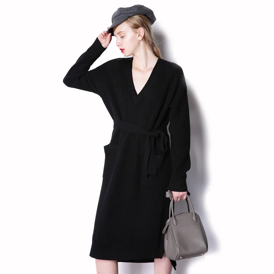 Женское кашемировое платье свитер до колен с поясом|dress vestidos|sweater dressstyle dress |