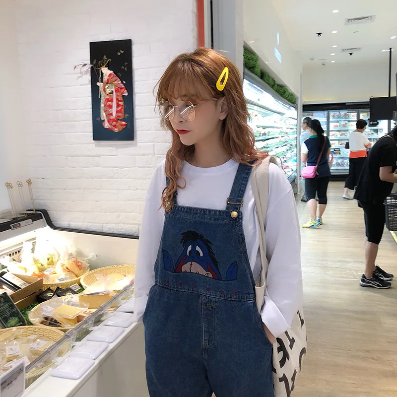 Комбинезоны женские Kawaii мультфильм вышивка модные корейские карманы ретро джинсовый ремень брюки повседневные студенческие женские комбинезоны