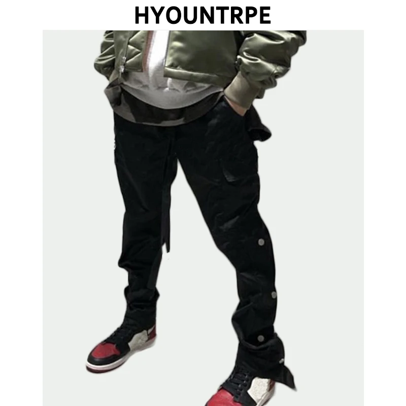 

Men's Casual Hip Hop Joggers Side Bottom Button Trousers Elastic Waist Drawstring Track Sweatpants New Cargo Streetwear Man Pant