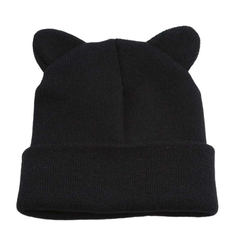 Черный Женская милая Повседневная зимняя теплая шапка Skullies Beanies, модная дизайнерская Шерстяная кепка, шляпа с серыми и белыми кошачьими ушками, вязаные шапки, зимняя шапка - Цвет: Черный
