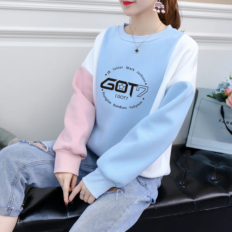 GOT7 хлопок плюс бархат розовый синий модные женские толстовки k pop корейский